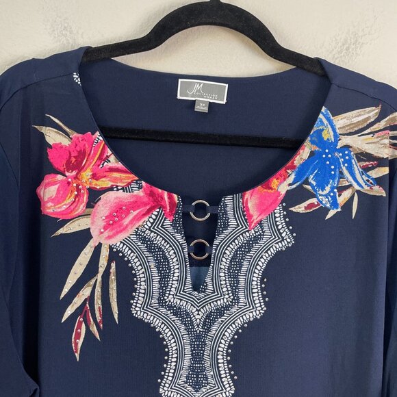 JM Collection Woman Plus 3X Floral Navy Tunic Top Embellished Neckline Shirt - Picture 9 of 12